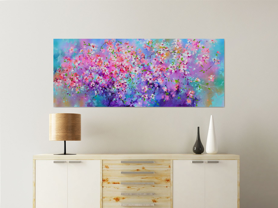 I've Dreamed 55 - Sakura Colorful Blossom - 150x60 cm, Palette Knife Modern Ready to Hang Floral Painting - Flowers Field Acrylics Painting