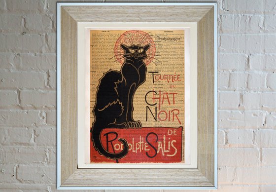 Cabaret du Chat Noir - Collage Art Print on Large Real English Dictionary Vintage Book Page