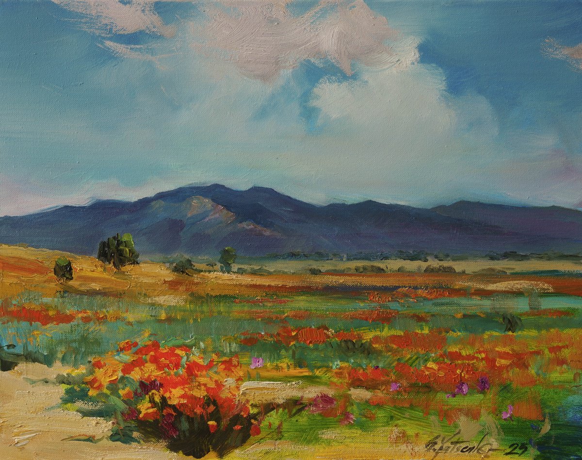 Impressionistic Landscape Oil Painting By Sergei Yatsenko, 20 X 16", Golden Poppies, Original Artwork