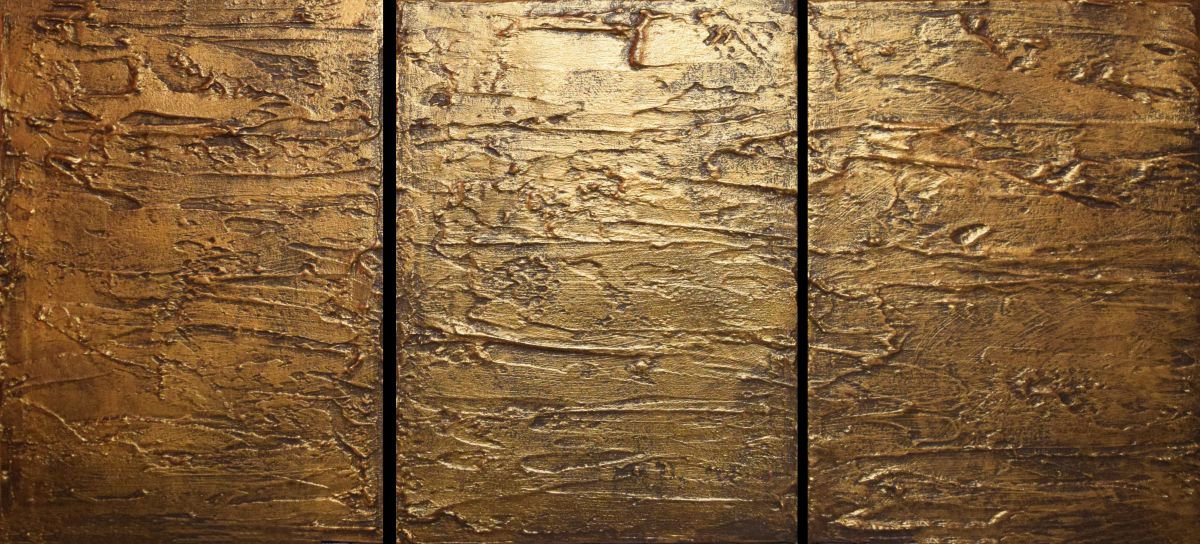 Abstract Acrylic Painting By Stuart Wright, 48 X 20", Gold Triptych, Original Artwork