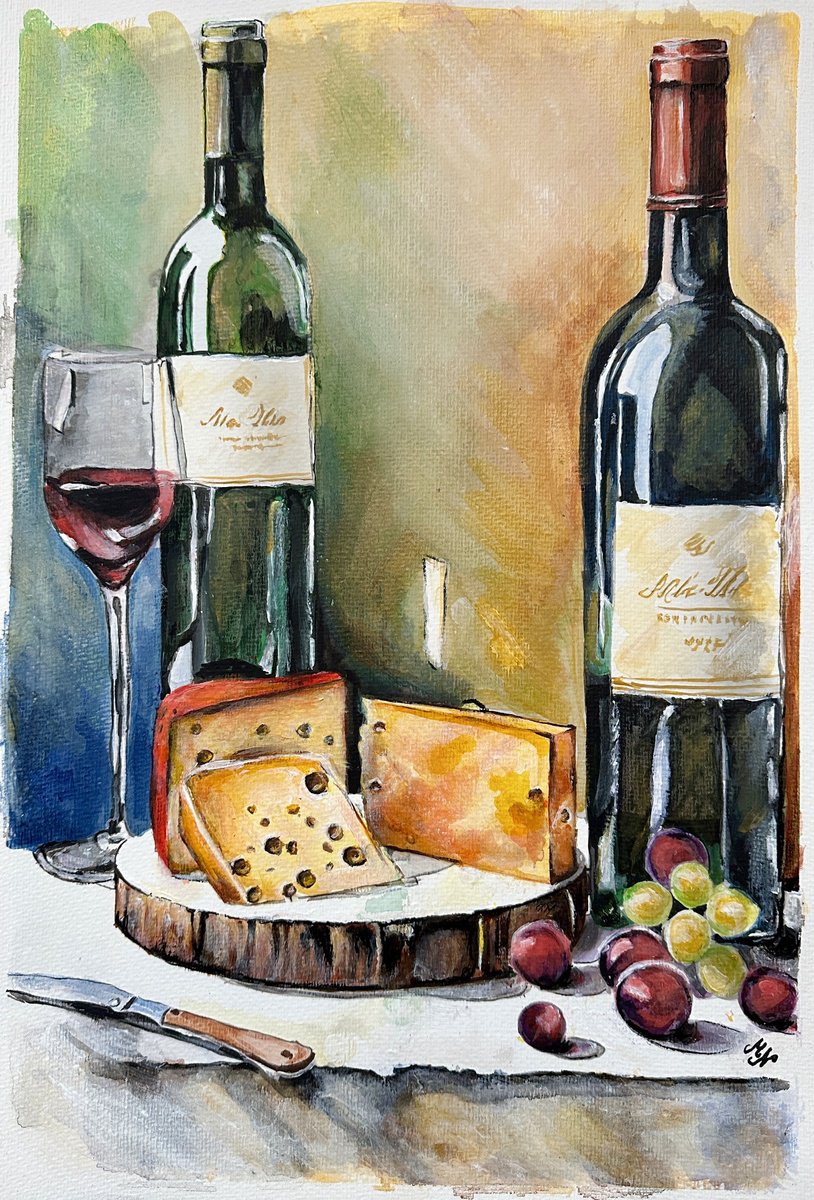 Impressionistic Still Life Acrylic Painting By Misty Lady - M. Nierobisz, 13 X 19", Cheese And Wine, Original Artwork