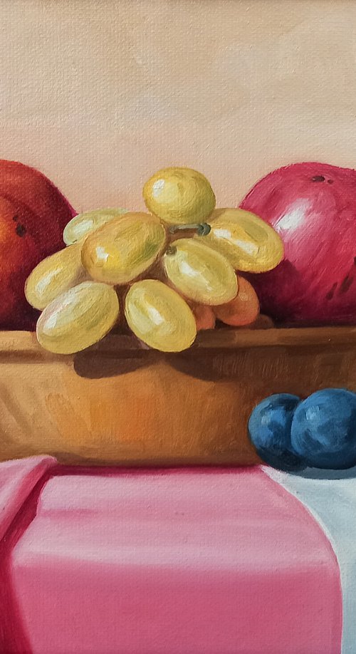 Still life with pomegranates and grapes (24x30cm, oil painting, ready to hang) by Tamar Nazaryan