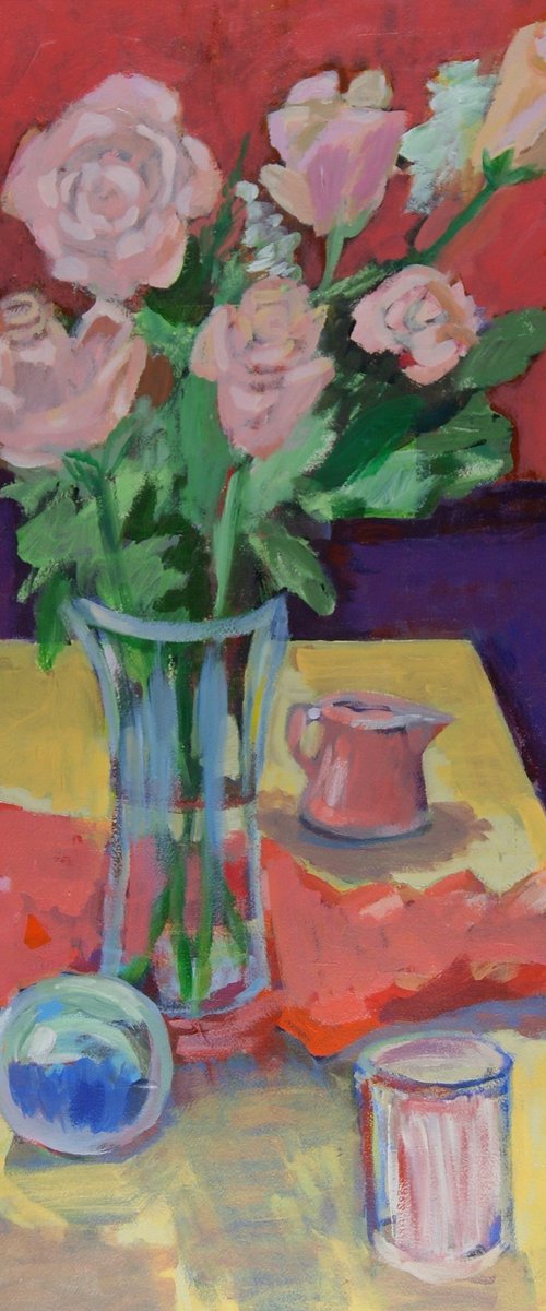 Pink Flowers on Yellow Table by Patty Rodgers