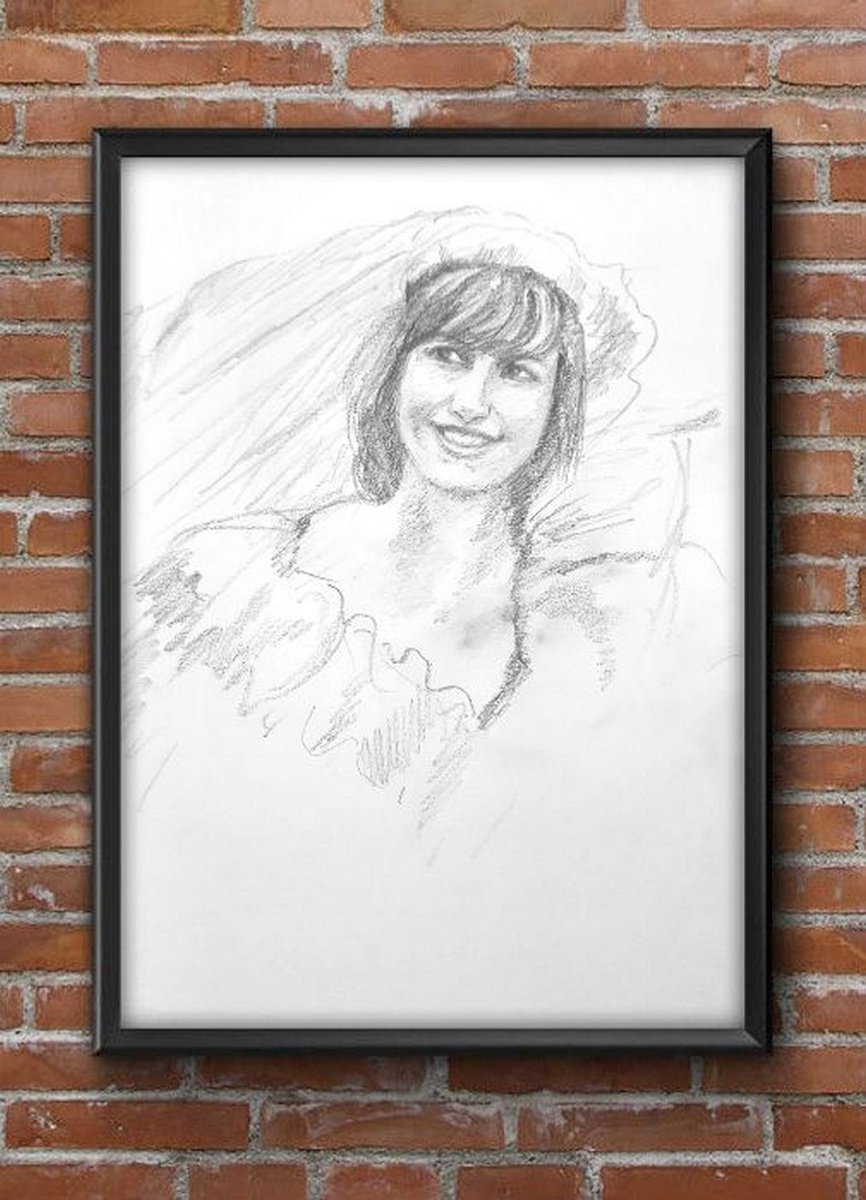 Happy bride Pencil sketch by Asha Shenoy
