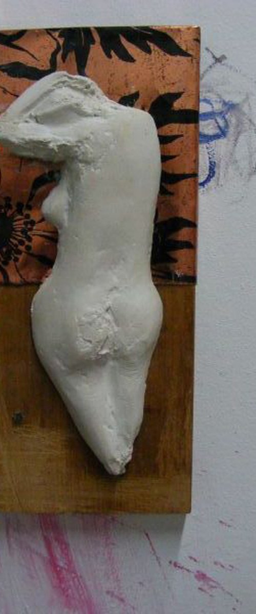 Taking shower(plaster study on wood on metal ornament) by Marcin Biesek