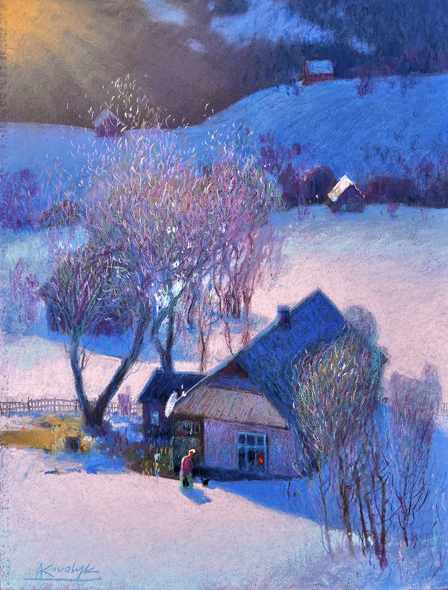 Impressionistic Pastel Drawing , A Winter Day In The Carpathians By Andrii Kovalyk, 20 X 26, Artwork For Sale On Artfinder