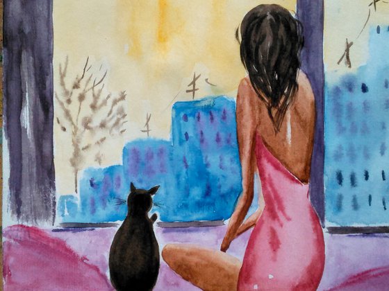 Quarantine Painting Pet Original Art Woman and Cat Artwork Spring Isolation Small Home Wall Art 12 by 8" by Halyna Kirichenko