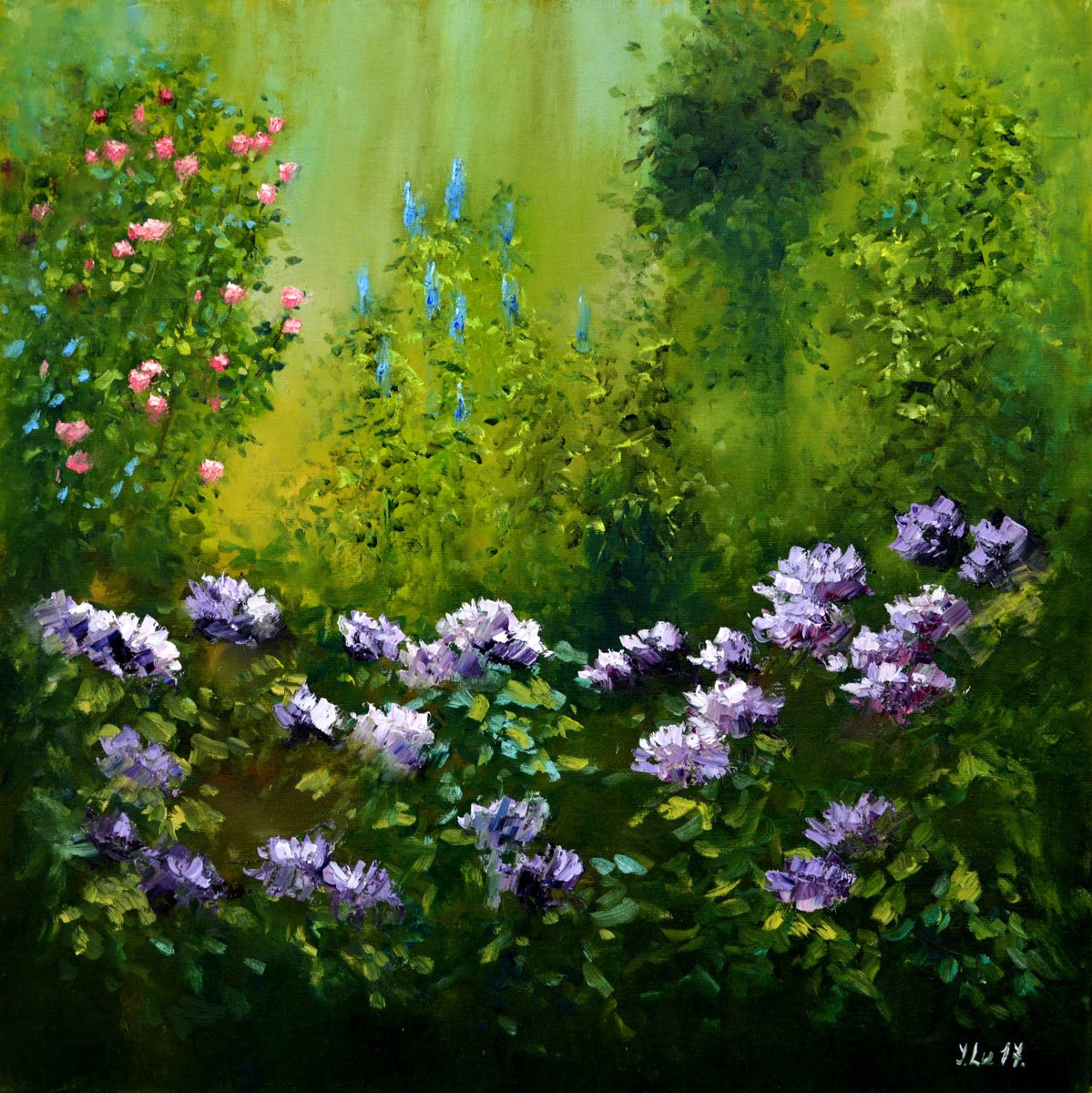 Impressionistic Botanical Oil Painting By Elena Lukina, 24 X 24, Morning With Rhododendrons, Original Artwork