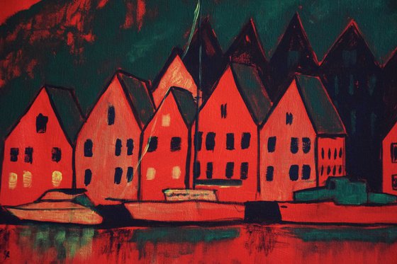 Big acrylic painting Bergen Bryggen, Norway fjord, green and red