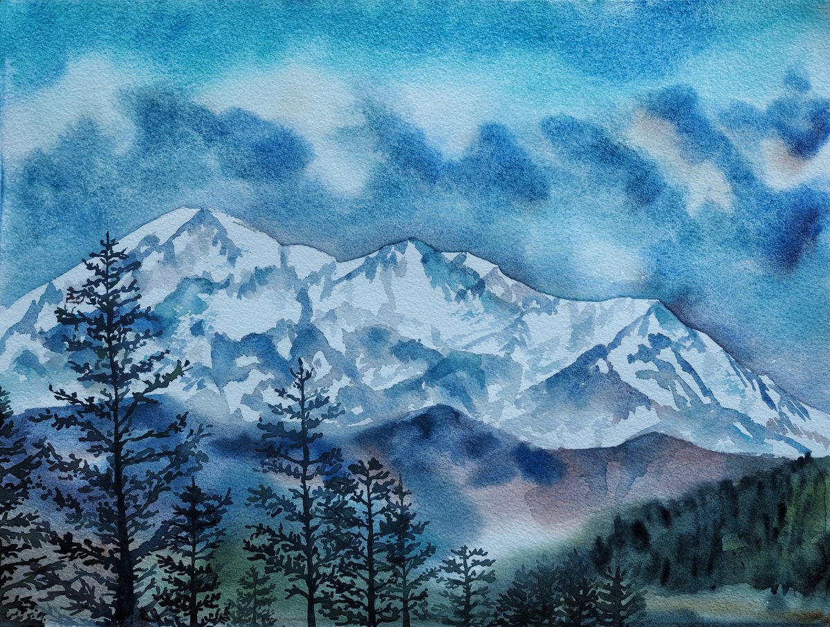 Impressionistic Landscape Watercolour By Delnara El, 15 X 11, Snowy Mountains, Original Artwork