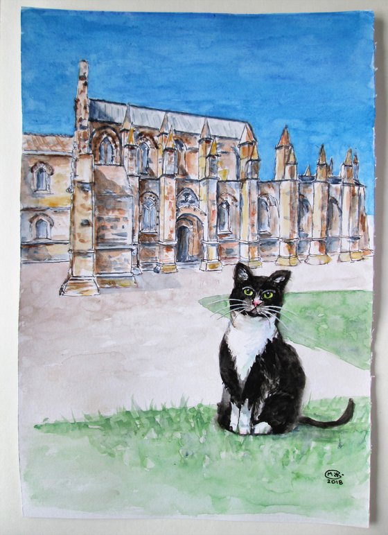 Cat visiting Rosslyn Chapel in Scotland