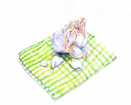 Garlic on green gingham, still life painting, watercolour, kitchen art