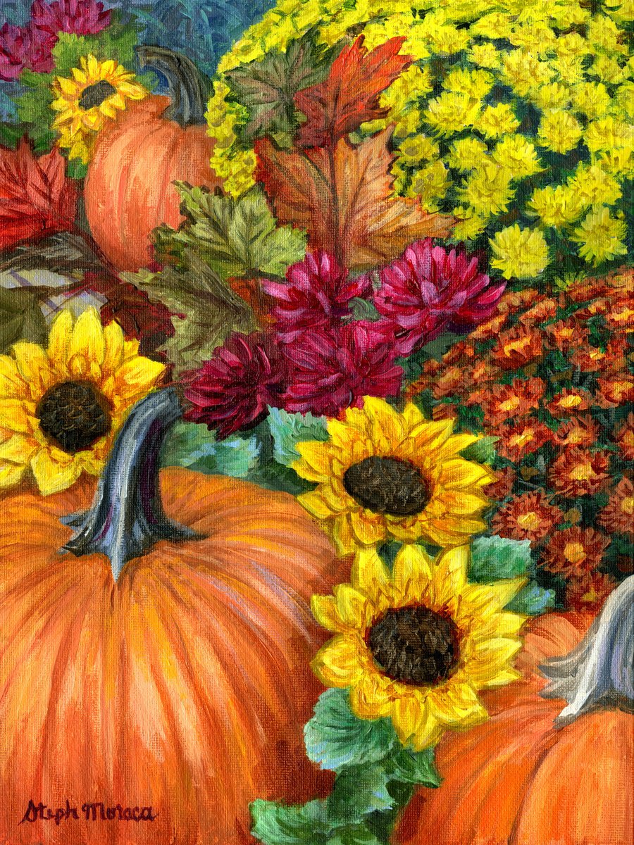 Photorealistic Botanical Acrylic Painting By Steph Moraca, 11 X 14", Pumpkin And Fall Flowers, Original Artwork