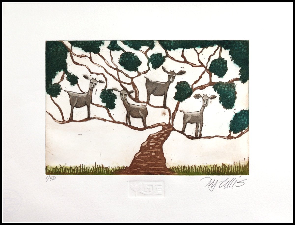 Illustrative Animal Etchings & Engravings By Mariann Johansen-Ellis, 12 X 10", Goats In A Tree, Original Artwork