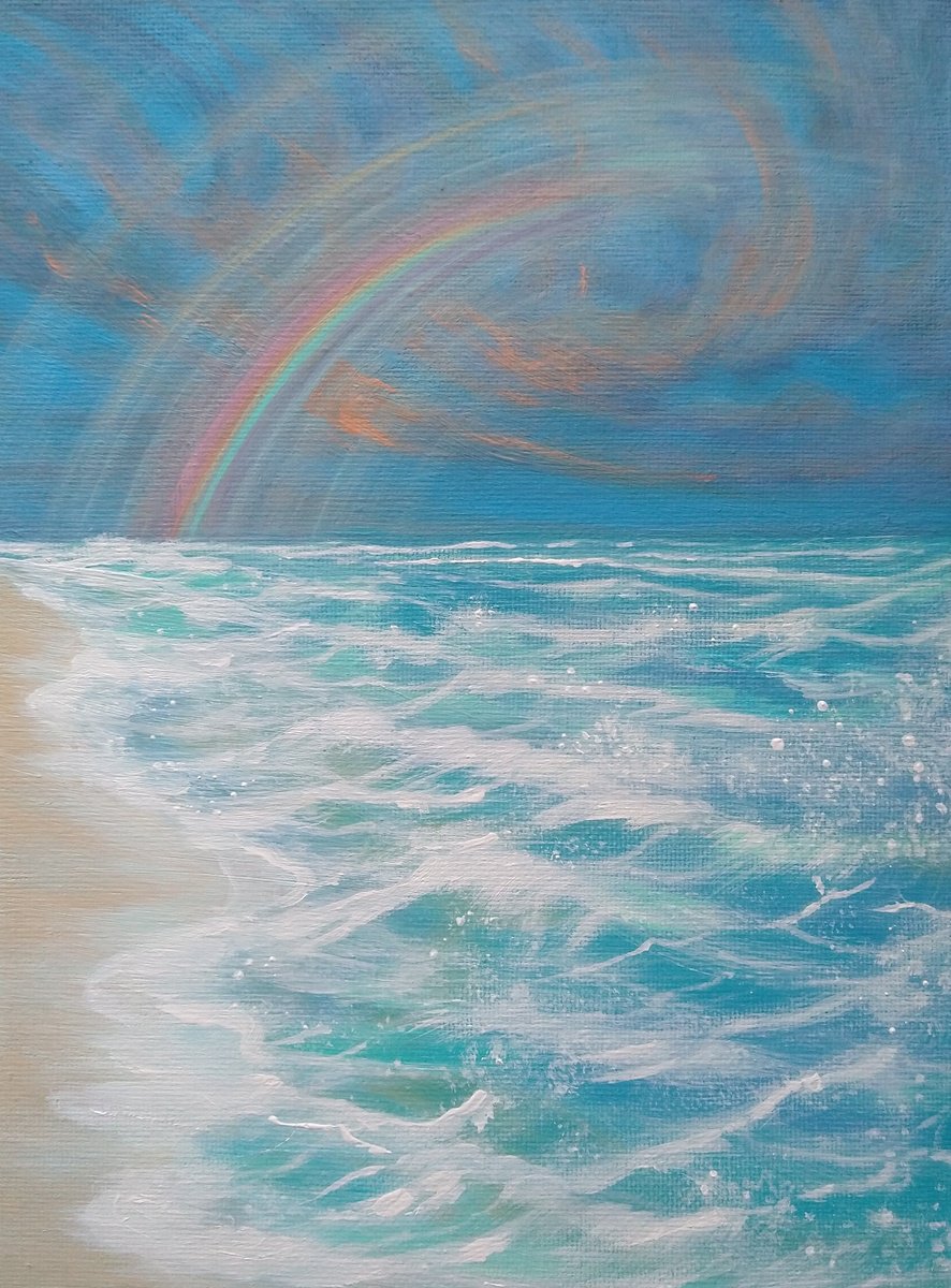 Impressionistic Landscape Acrylic Painting By Zoe Adams, 7 X 10", Rainbow Waves. By Zoe Adams., Original Artwork