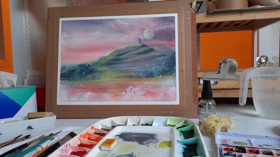 Twilight Tor - Original Watercolour Painting of Glastonbury Tor - UK Artist