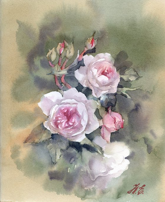 Pink roses on green, Rose garden in watercolor