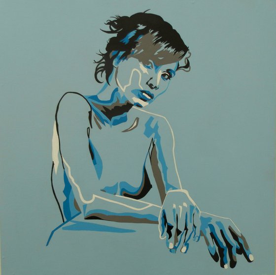 Abstract Female Portrait In Cyan And Blue Modern Abstract Figurative Art