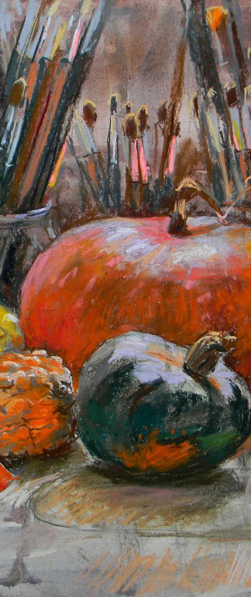 Pumpkins and brushes by Liudmyla Chemodanova