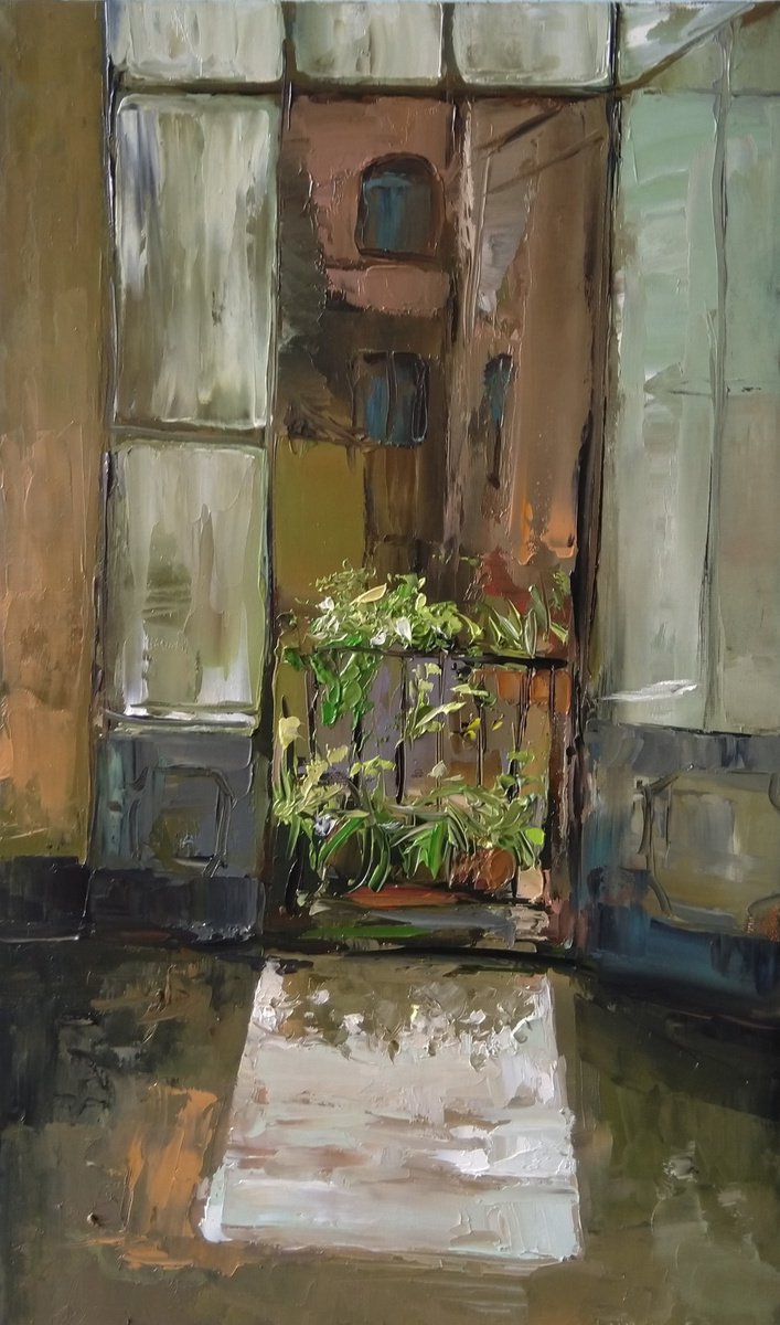 Impressionistic Cityscapes Oil Painting By Kamsar Ohanyan, 12 X 20", The Sun In The Room, Original Artwork