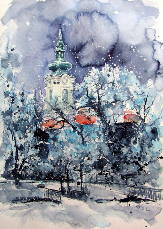 Serbian church at snowfall