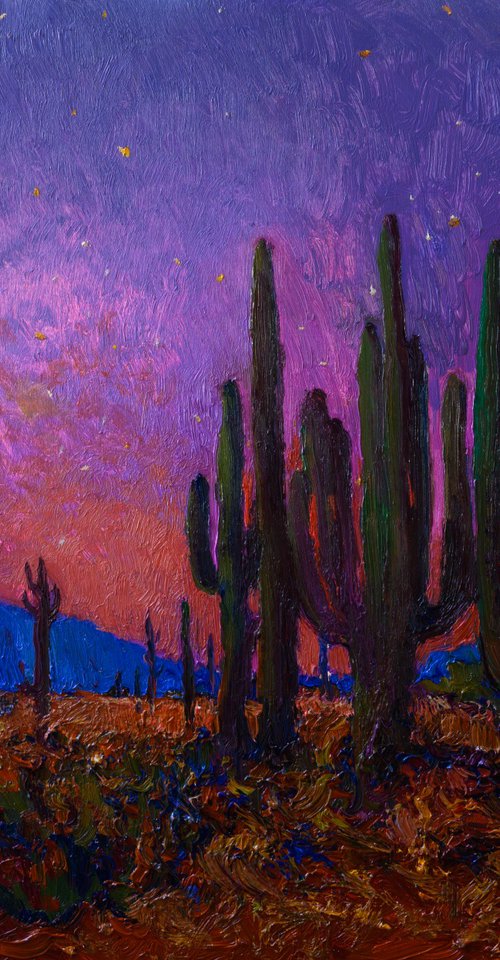 Twilight in the desert, Landscape with Saguaro Cactuses by Suren Nersisyan