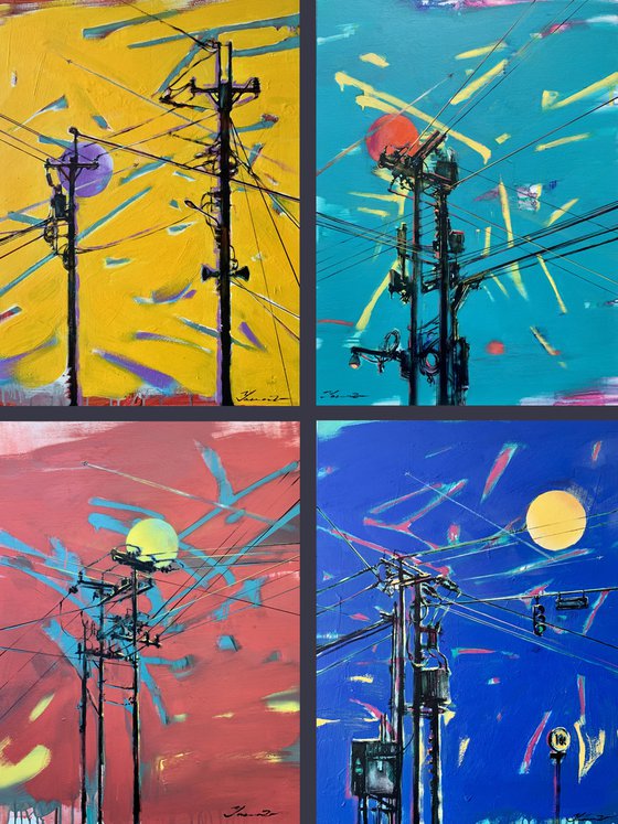 XXXL Urban painting-"Electricity"-Pop art-Polyptych-Bright-Street art-Diptych-Electric pole-Urban-Sunset