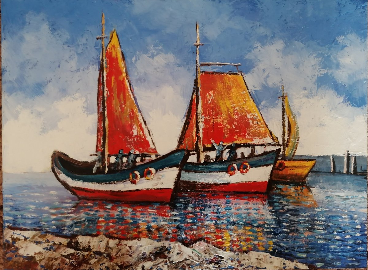 Impressionistic Landscape Oil Painting By Nelaart, 16 X 12", Two Ships On The Sea, Original Artwork