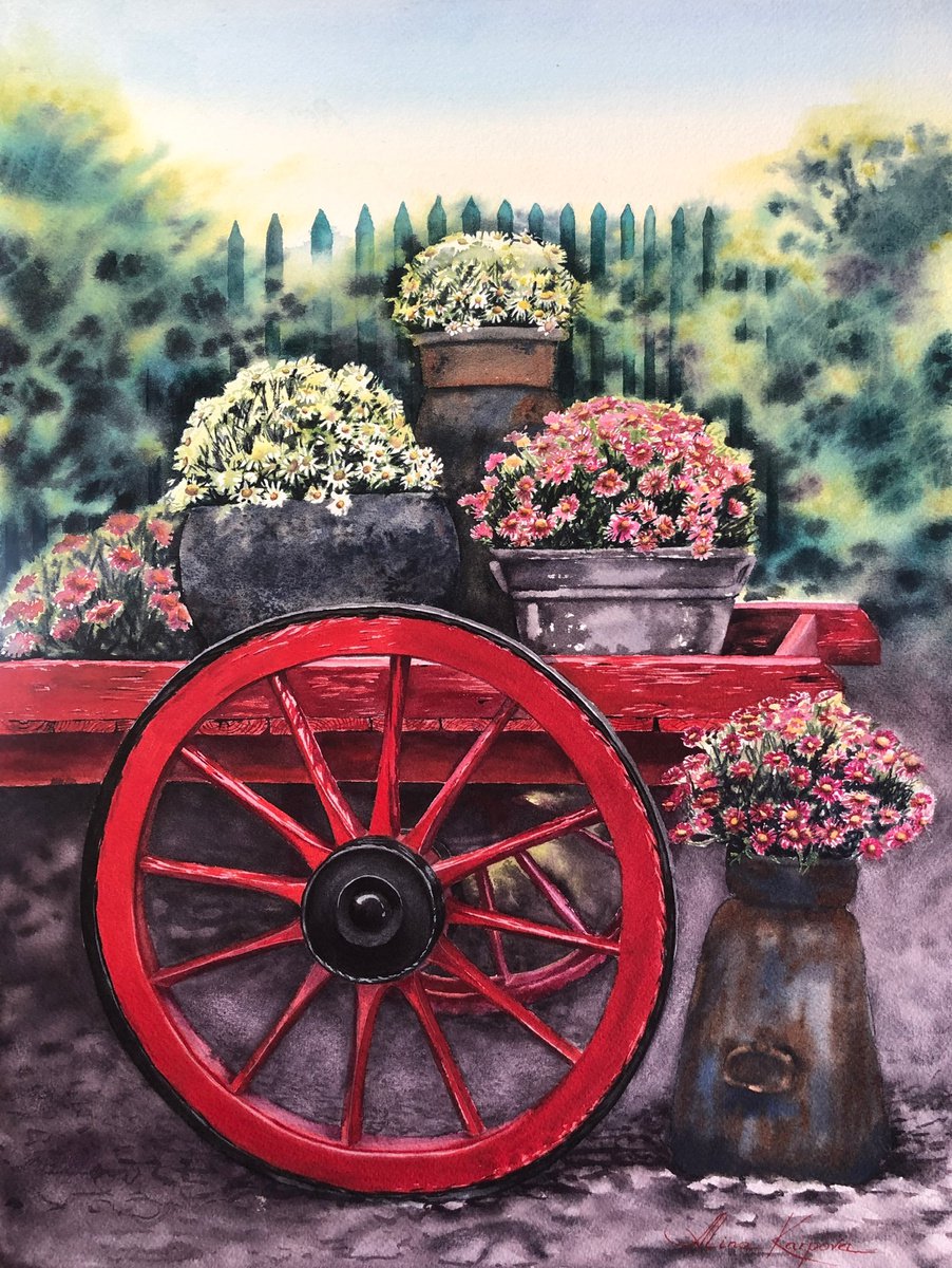 Old red cart with flowers by Alina Karpova