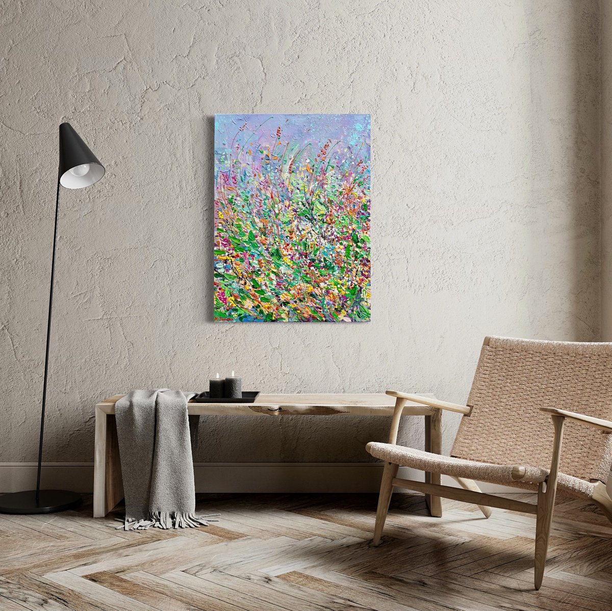 Abstract Landscape Acrylic Painting By Adriana Dziuba, 18 X 24, Summer Flower Meadow, Original Artwork