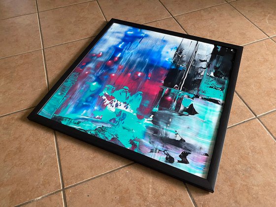 "Tokyo City Lights" - Original PMS Abstract Acrylic Painting On Plexiglass, Framed - 26" x 26"