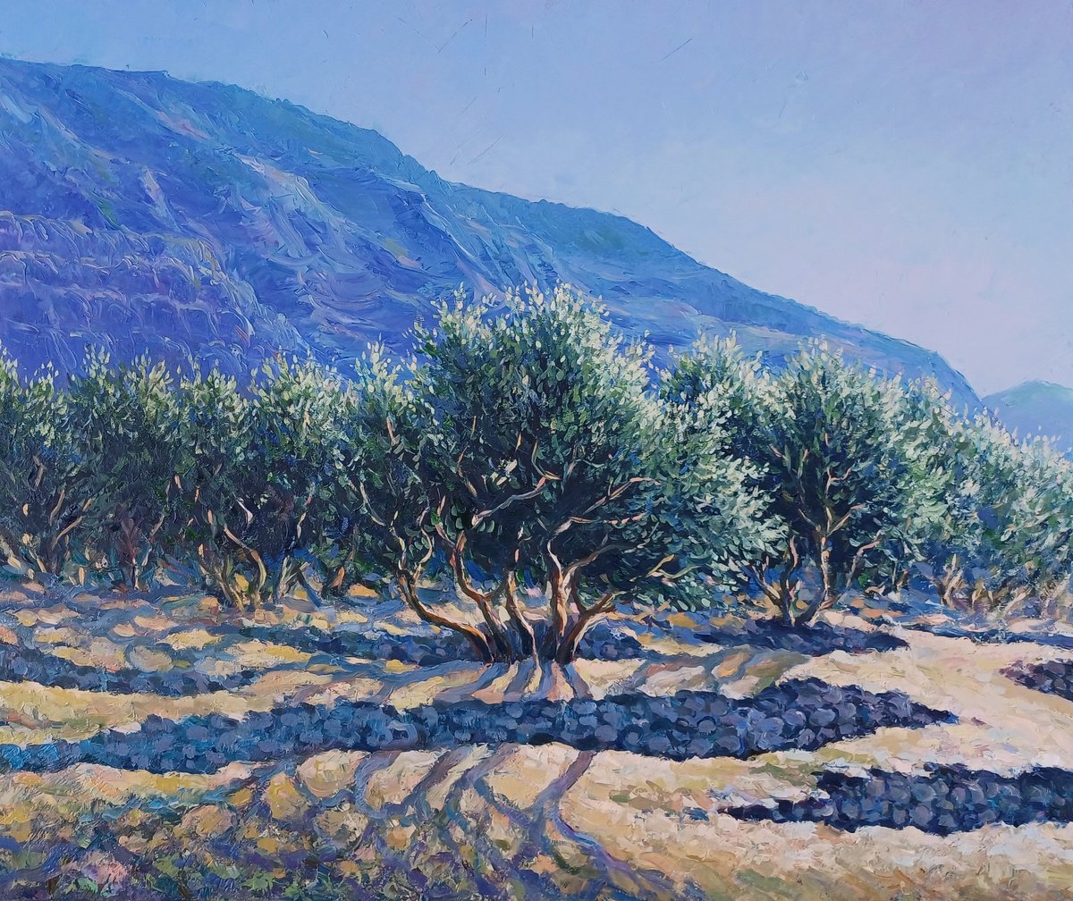 Impressionistic Landscape Oil Painting By Valentinas Yla, 26 X 22", Olive Grove, Original Artwork