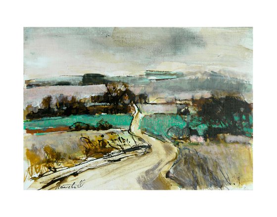 Road among fields. Abstract drawing.