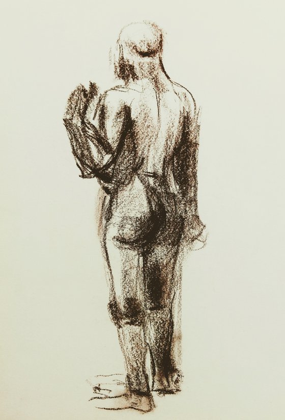 Nude. Abstract male figure. Drawing with a brown pencil on paper