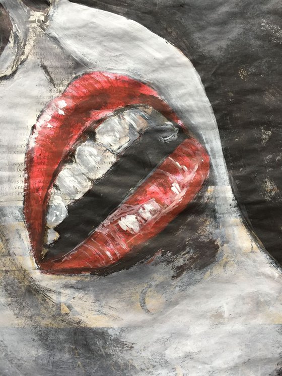 Lips Study I Red Lips Mouth Open Woman Face Portrait Original Artwork Realistic Lips Black and White Art For Sale Buy Art Now Free Delivery 36x27cm Newspaper Painting