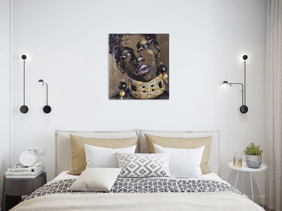 Female portrait of a black girl with gold jewelry on her neck, abstract woman portrait, oil original