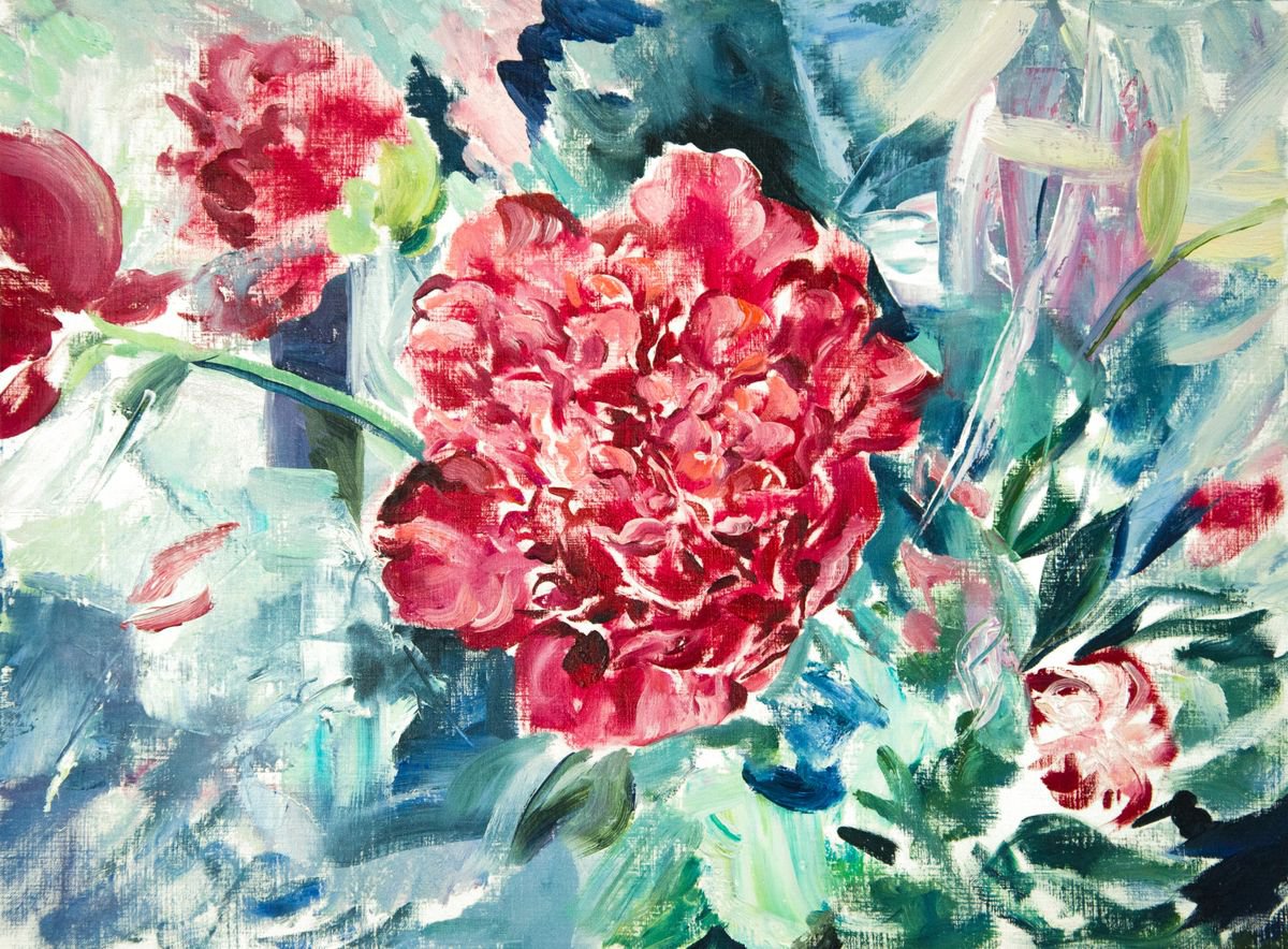 Impressionistic Botanical Oil Painting By Daria Galinski, 16 X 12, Peony, Original Artwork