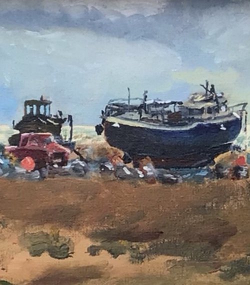 Waiting for the tide at Dungeness, an original oil painting by Julian Lovegrove Art