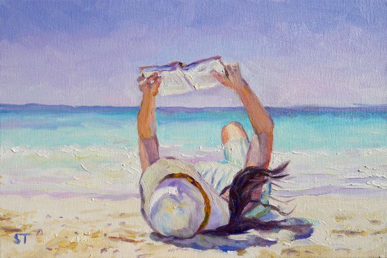 "Reading, girl, sea, wind  "  original oil water painting on canvas, ready to hang, small wall decor gift idea