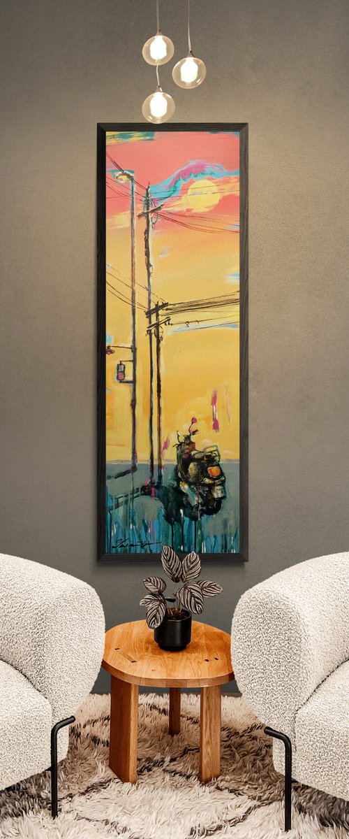 Bright vertical painting - "Sunset in city" - Sunrise - Pop Art - Moped - Expressionism by Yaroslav Yasenev