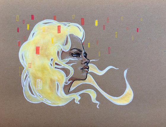 (SOLD) Girl with golden hair blowing on brown paper: Goldilocks 2
