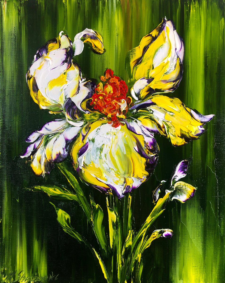 GREEN FANTASY - Iris bud. White flower. Flower composition. Green leaves. Warm summer. Wat... by Marina Skromova