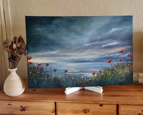 Poppies at the Beach 30"x20"×2" Large Seascape Oil Painting by Hayley Huckson