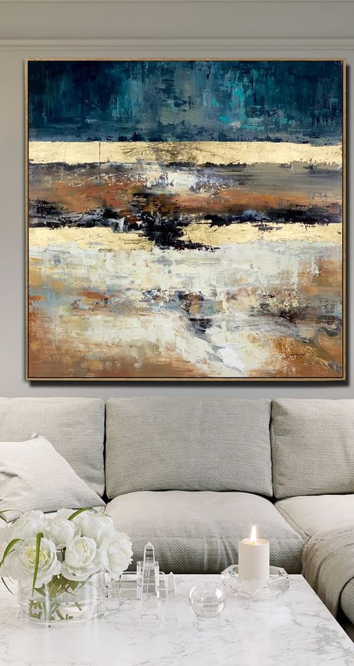 Abstract Painting - Perfect Balance - 40" Large Original Gold Leaf Soft Earth Colors by Lana Guise