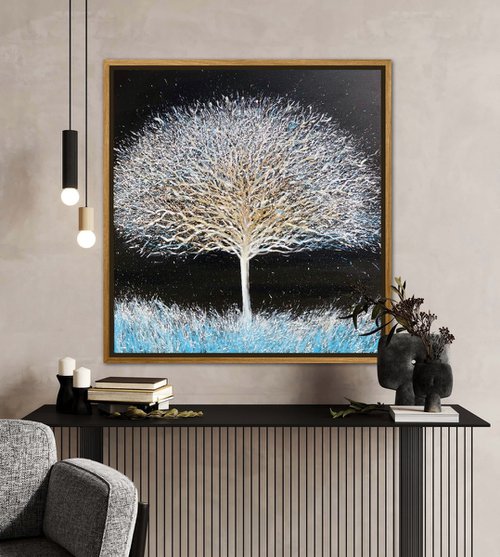 Frozen tree, large abstract tree painting on canvas by Volodymyr Smoliak