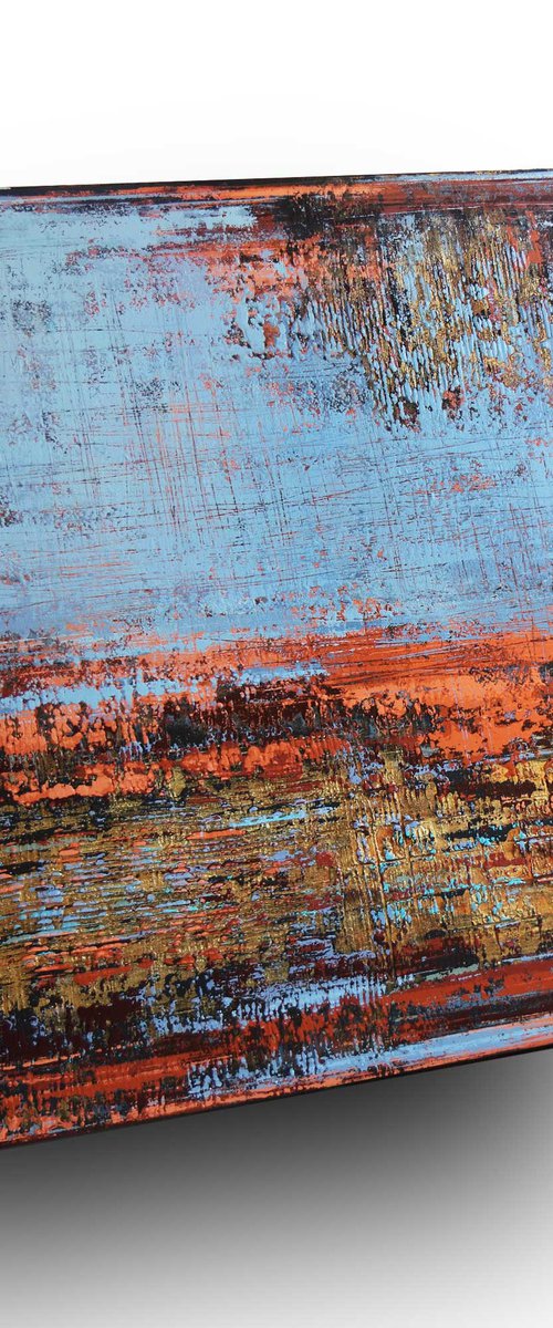 BRITTLE CONNECTION - 120 x 120 CM - TEXTURED ACRYLIC PAINTING ON CANVAS - TERRACOTTA * BLUE by Inez Froehlich