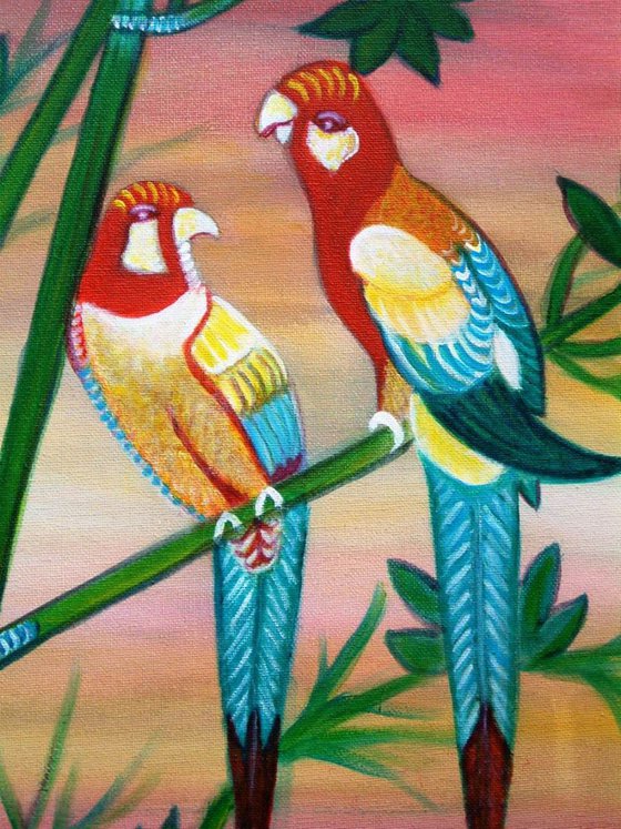 SALE! Birds in Paradise painting with soothing colors .