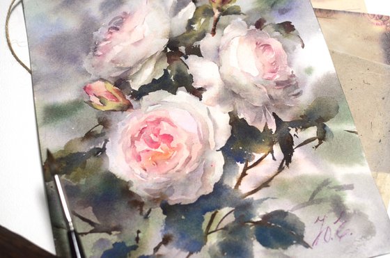 Watercolor roses on grey