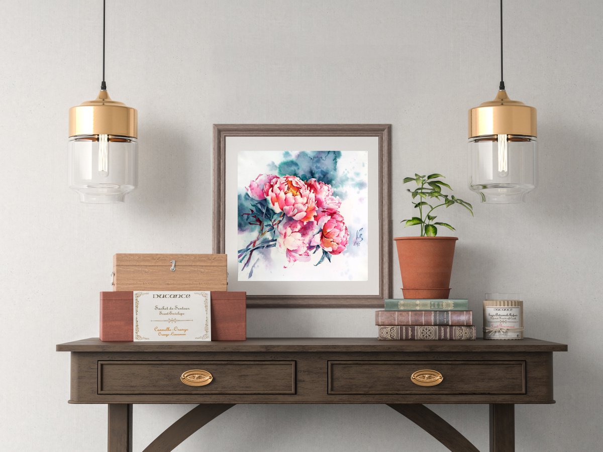 Abstract watercolor painting Pink peonies square format by Ksenia Selianko
