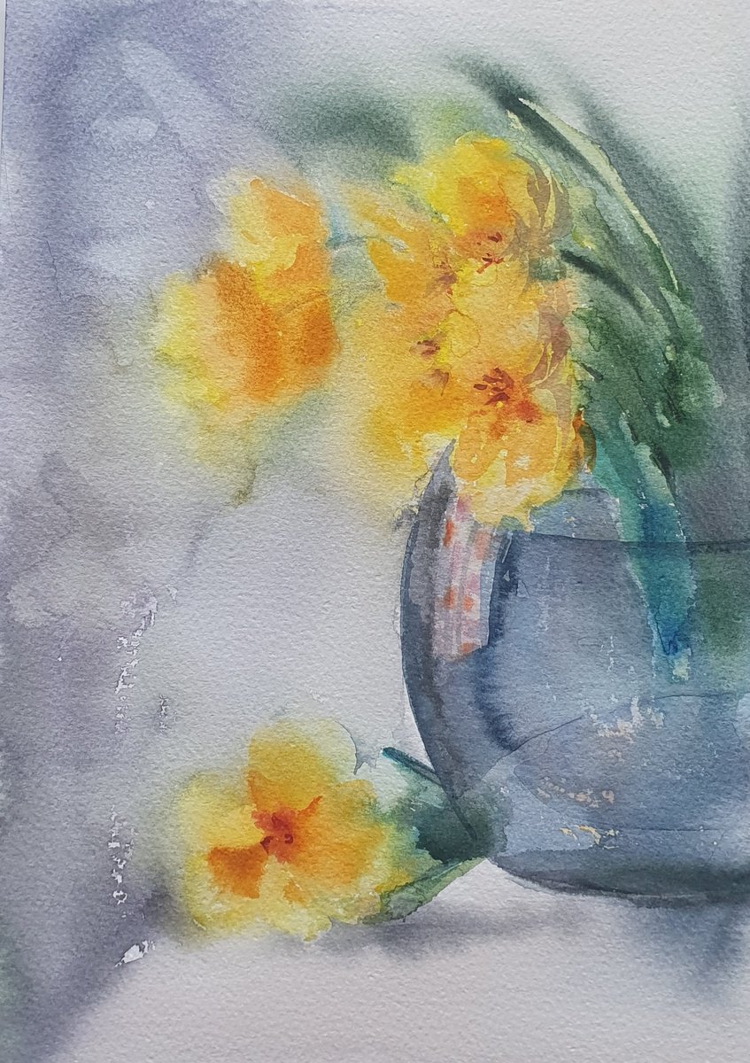 Expressive Abstract Watercolour By Sonata Art, 13 X 16", Yellow And Blue, Original Artwork